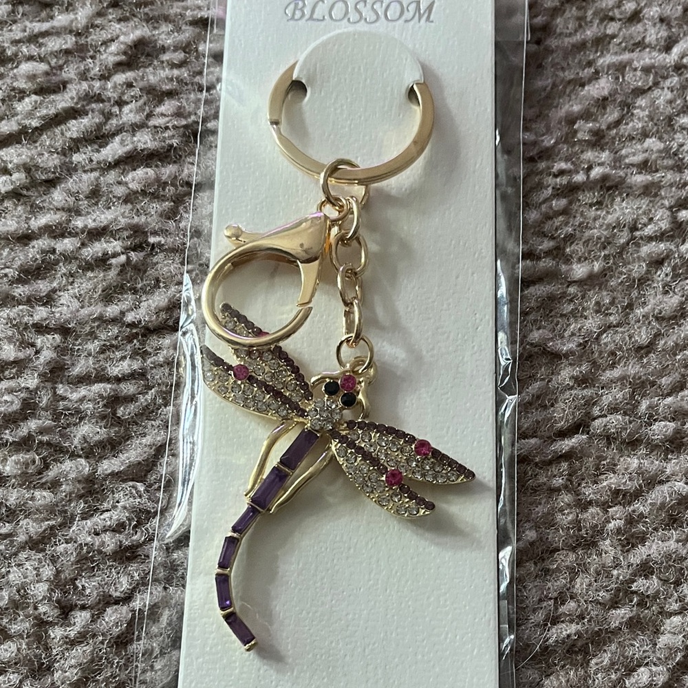 Gold-Tone Dragonfly Keychain with Purple & Pink Accents